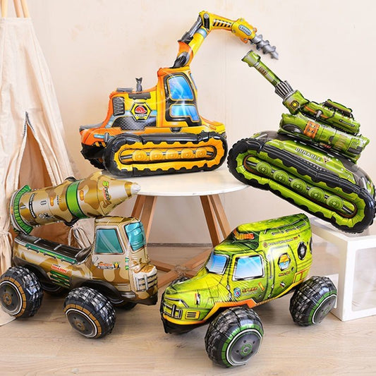 Billion Balloons 4D Car Excavator Fire Truck Ambulance Police Car School Bus Train Vehicle Tank Aluminum Foil Balloon